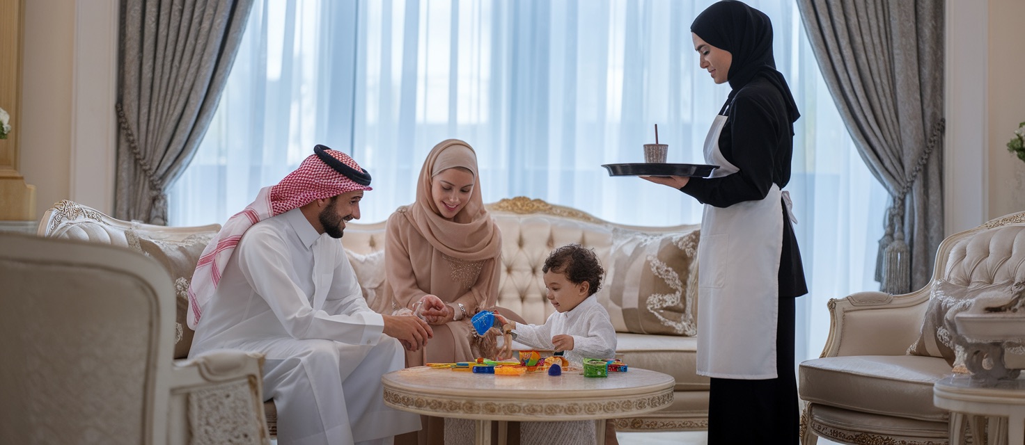 أسرة سعودية في منزلها والعاملة المنزلية تقدّم الضيافة